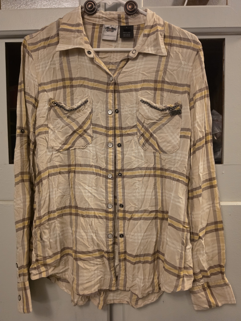 Harley-Davidson Cream Plaid Button-Down Shirt with Yellow and Gray Stripes